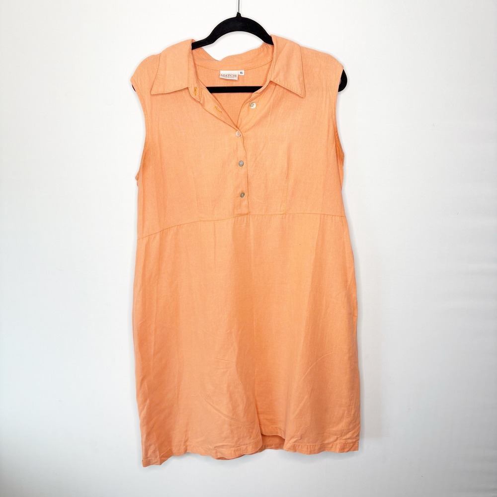 Match Womens Size 16 Peach Linen Cotton Sleeveless Collared Shift Dress Made USA